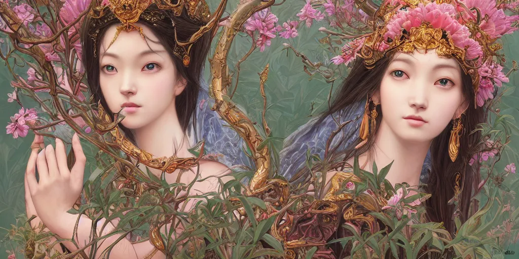 Prompt: breathtaking detailed concept art painting of the goddess of flamingo, orthodox saint, with anxious, piercing eyes, ornate background, amalgamation of leaves and flowers, by Hsiao-Ron Cheng and John James Audubon and Miho Hirano, extremely moody lighting, 8K