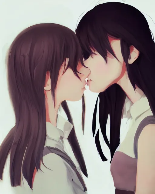 Image similar to portrait of two girls kissing, anime, drawn by WLOP, trending on Artstation