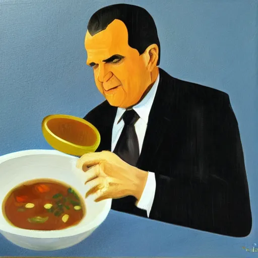 Prompt: oil painting of richard nixon pouring soup on a cat