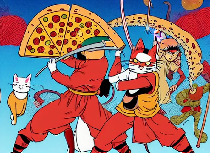 Prompt: cat samurai wearing pizza pizza costumes, illustration masterpiece, by ryan ottley and mœbius and hayao miyazaki and akira toriyama