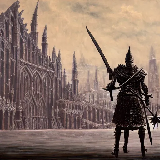 Image similar to Anor Londo, oil on canvas, extremely detailed,