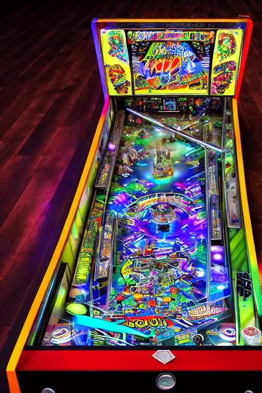 Prompt: a detailed pinball table layout overhead view, game art, realistic digital art, fluorescent colors, halluzinogenic, multicolored, exaggerated detailed, unreal engine