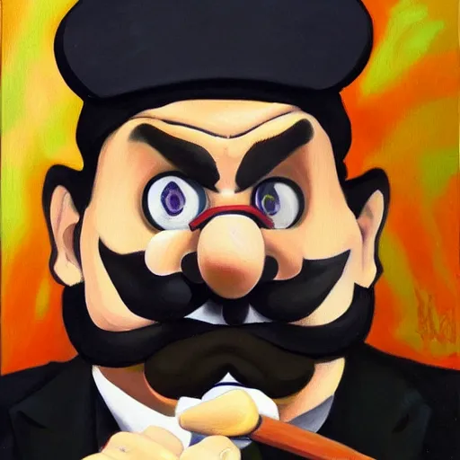 Image similar to wario from the mario series wearing a 3 piece suit and smoking a cigar ( oil painted, greatly illustrated, a portrait, high detailed, great quality painting )