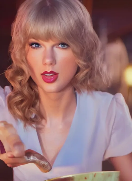 Image similar to a close - up, color cinema film still of a taylor swift as a waitress at hooters, cinematic lighting at night.