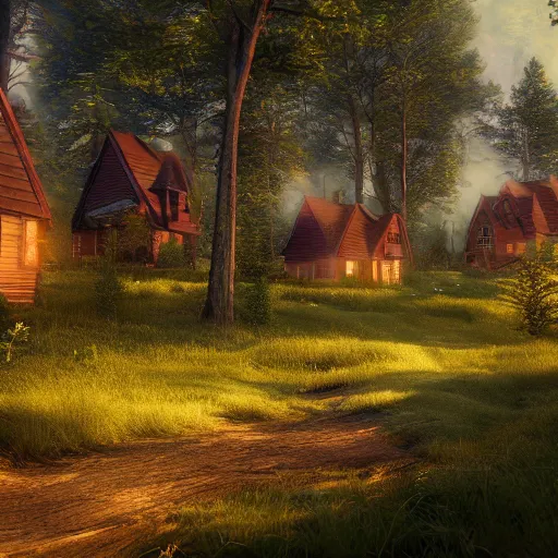 Image similar to forest with houses, hd, hdr, unreal engine 5, cinematic, 4k wallpaper, 8k, ultra detailed, high resolution, artstation,