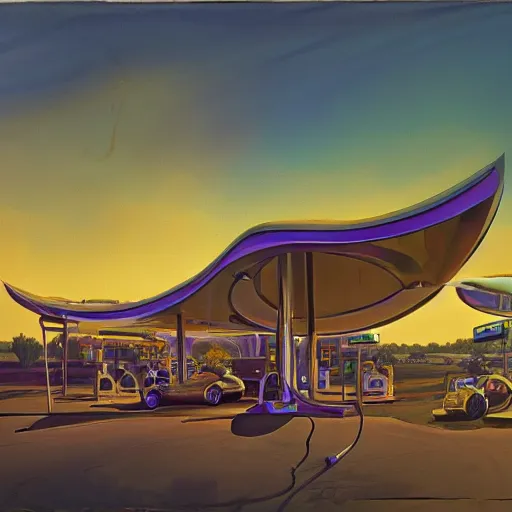 Image similar to painting of syd mead artlilery scifi organic shaped gas station with ornate metal work lands on a farm, fossil ornaments, volumetric lights, purple sun, artgerm