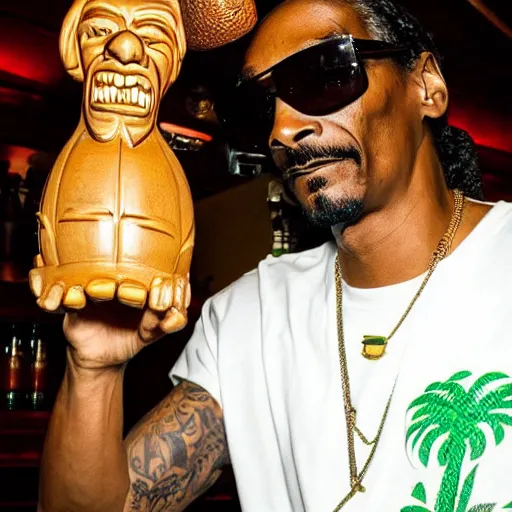 Image similar to snoop dogg at trader vic's bar holding a tiki mug with his face on it