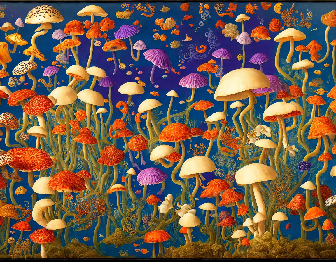 Prompt: vase of mutant mushrooms in the sky and under the sea decorated with a dense field of stylized scrolls that have opaque purple outlines, with mutant koi fishes and sponges, ambrosius benson, oil on canvas, hyperrealism, light color, no hard shadow, around the edges there are no objects