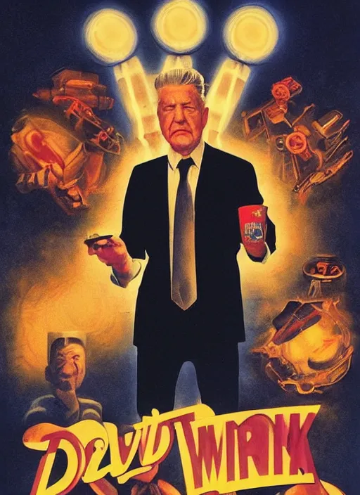 Prompt: a movie poster with david lynch, poster art by drew struzan, featured on reddit, retrofuturism, movie poster, reimagined by industrial light and magic, poster art