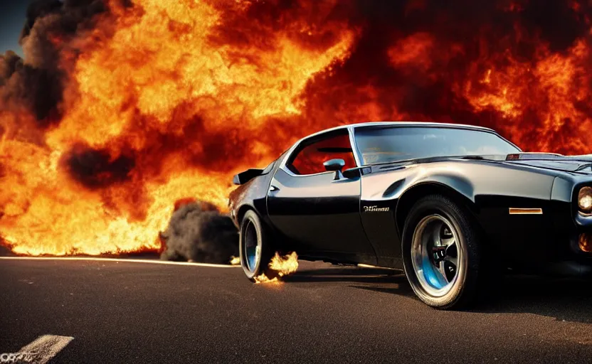 Image similar to a black 1 9 7 3 pontiac firebird trans am sd - 4 5 5 driving high speed, fire explosion in the background, action scen. realistic. high resolution. dramatic