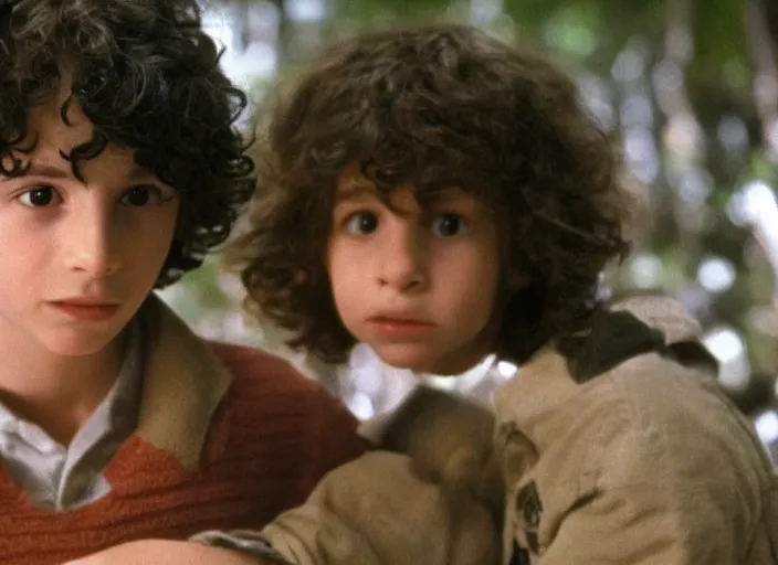 Prompt: film still of Finn Wolfhard as Elliot in ET 1982 with ET