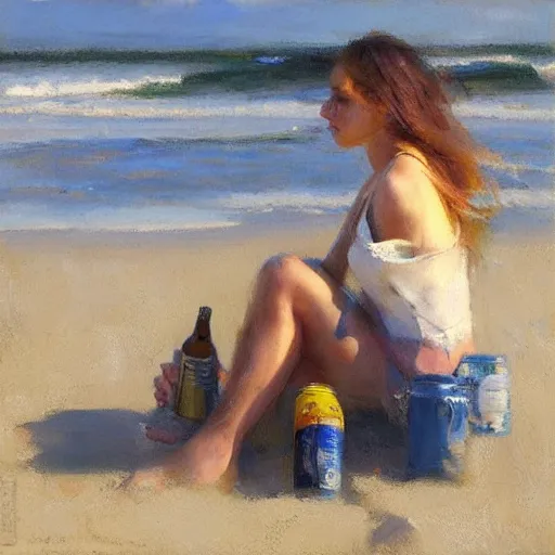 Prompt: “ a girl sitting on rockaway beach drinking a can of beer, morning light, by daniel gerhartz ”