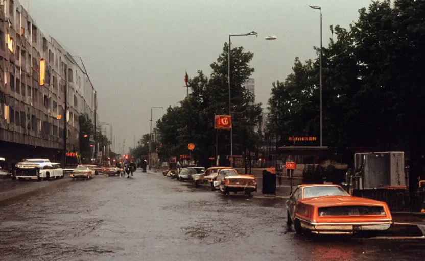 Prompt: 70s movie still of a sovietic street with pedestrians with soviet highrise in the backround , Cinestill 800t 18mm ektachrome color, heavy grainy picture, very detailed, high quality, 4k panoramic, HD criterion, dramatic lightning, neon billboards and streetlight at night, rain, mud, foggy