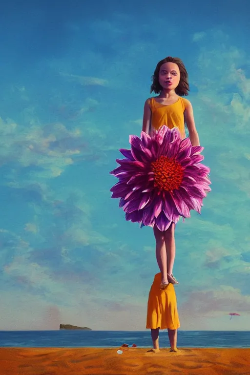 Image similar to closeup giant dahlia flower head, girl standing on beach, surreal photography, blue sky, sunrise, dramatic light, impressionist painting, digital painting, artstation, simon stalenhag