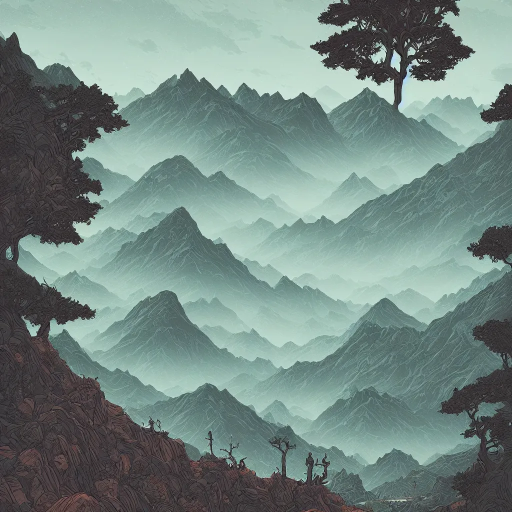 Prompt: a beautiful landscape with trees and mountains, by dan mumford, artstation, behance, highly detailed, concept art, dramatic lighting, minimalist