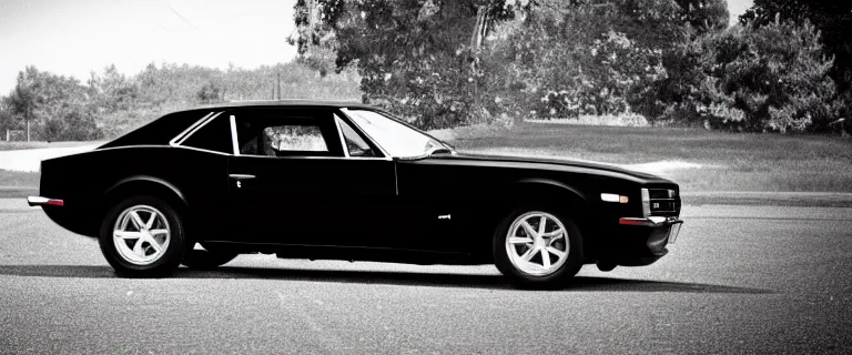 Image similar to all black audi camaro b 1 ( 1 9 6 7 ), restomod, establishing shot