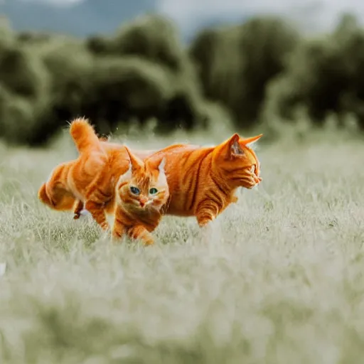 Prompt: two orange tabby cats frolicking in a field of clouds