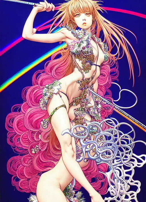 Prompt: highly detailed hajime sorayama terada katsuya artstation manga poster of witch mechine, rainbow gradient reflection bloom, long hair, armor, dress, laces, ruffles, 8 k, maximalist, ayami kojima, alphonse mucha