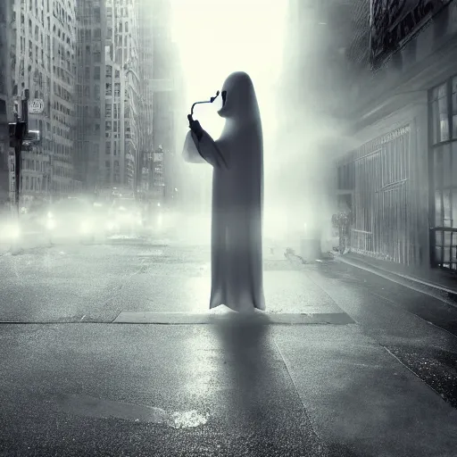 Prompt: ghost under a sheet with a cigarette in mouth, haunting a NYC sidewalk, trending on artstation, 8k, 4k, volumetric lighting, lighthearted, cinematic composition, hd, fun