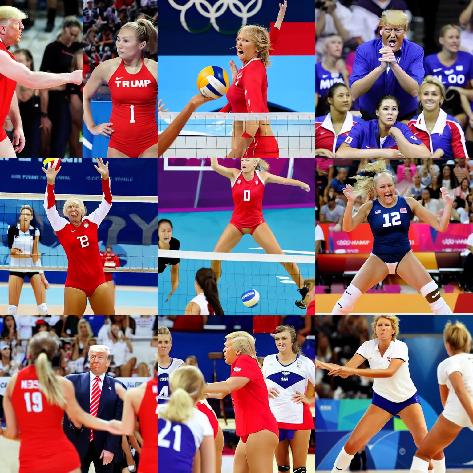 Prompt: donald trump playing for the olympic womens volleyball team in a skimpy outfit