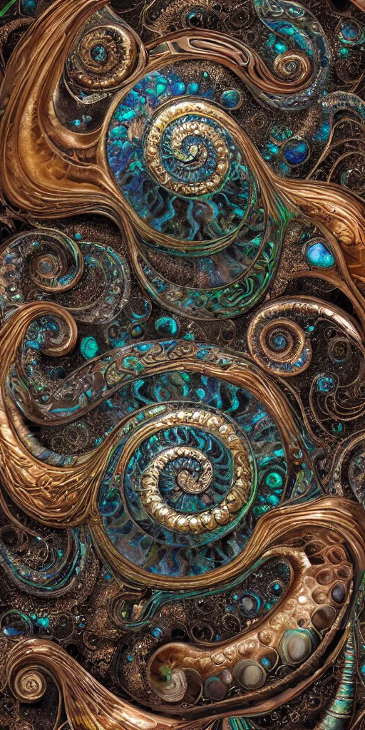 Image similar to art nouveau cresting oil slick waves, ammonite, hyperdetailed bubbles in a shiny iridescent oil slick wave, black opals, ornate copper patina spiral ornament, rococo, organic rippling spirals, hyperdetailed photorealistic ultrasharp octane render