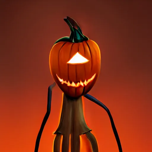 Prompt: a slender tall anthropomorphic pumpkin + tall thin body, long legs and arms, long claws + glowing eyes + evil + trending on artstation, cgsociety, concept art, digital art, ultra HD, 4k, 8k, spooky