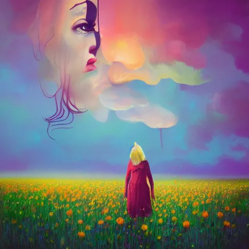 Prompt: woman with flower as face, surreal photography, standing in flower field, sunrise dramatic light, impressionistic painting, colorful clouds, artstation, dali, simon stalenhag