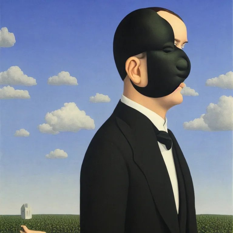 Image similar to portrait of a faceless masked - head man in a suit, clouds and nature landscape in the background, by rene magritte, detailed painting, distance, centered, hd, hq, high resolution, high detail, 4 k, 8 k