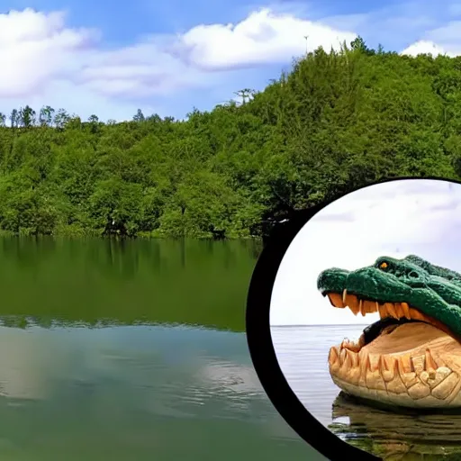 Image similar to fat man next to a lake with a crocodile, youtube clickbait thumbnail