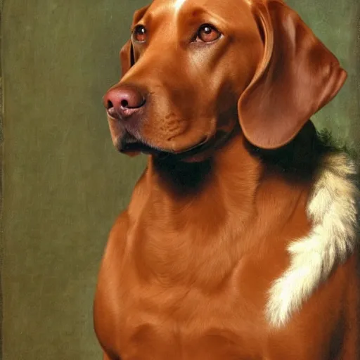 Prompt: a brown labrador dog sitting wearing a royal suit, renaissance painting, high quality, high detail, portait