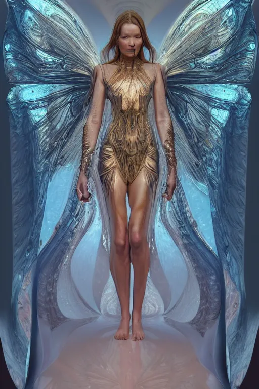 Image similar to a realistic moody photo of a beautiful ancient alien woman goddess kate moss nymph angel standing in iris van herpen dress jewelery and fractals in style of alphonse mucha art nuvo dmt trending on artstation made in unreal engine 4