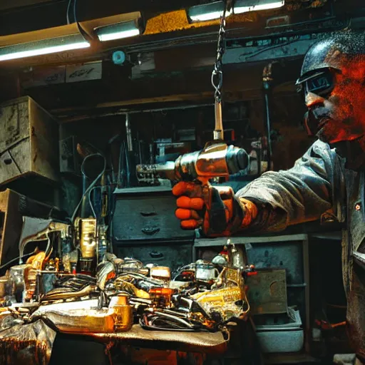 Image similar to half rusted old egg beater half stun - gun, balding older cyborg repairing, red hot soldering iron, dark messy smoke - filled cluttered workshop, dark, dramatic lighting, orange tint, cinematic, highly detailed, sci - fi, futuristic, movie still from blade runner