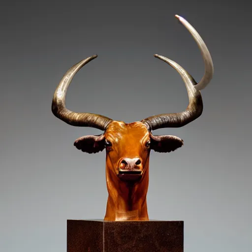 Prompt: professional color photograph of a patinated bronze portrait bust of a furious Texas longhorn steer supported by a bronze plinth, by Auguste Rodin, Jean-Leon Gerome