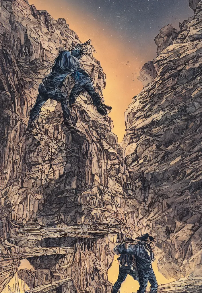 Prompt: western comic book art of a man in a jacket crossing a old wooden bridge over a cliffside looking up at a mountain temple made of crystal and gemstone, epic, glowing, night, illustration