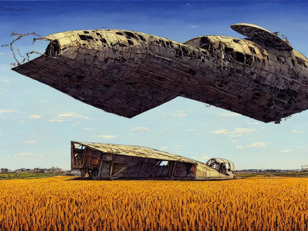 Image similar to A fantastic painting of a dilapidated post-modern building on a wheat field with an abandoned spaceship parked on the roof of the building, by Robert McCall, Trending on artstation, very detailed