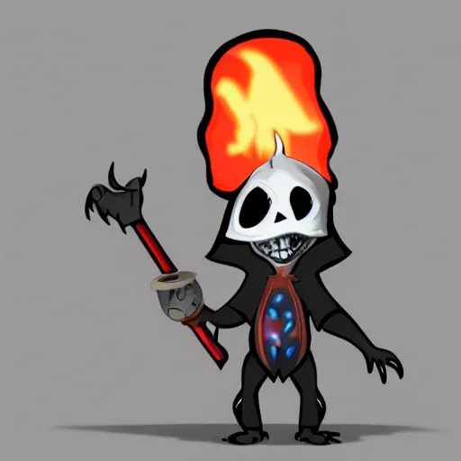 Image similar to photo of an anthropomorphic rat, ghostly anthropomorphic rat with skull face and glowing red eyes wearing black tattered robes and holding two blue flames, grim reaper except a rat, photorealistic, artstation