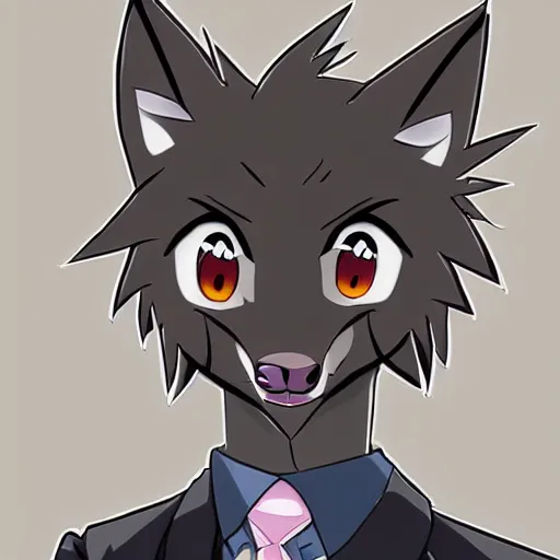 Prompt: key anime visual professional art of a close shot of an anthropomorphic black male wolf anthro furry fursona, wearing a business suit, handsome male eyes, anime office background, official anime still