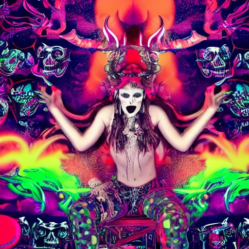 Image similar to a highly detailed symmetric wide shot of Grimes as the devil, sitting in a large glitter simulation with skulls and neon computer code, trending on artstationHD