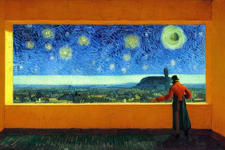 Prompt: a person looking from a window of a colony station in Jupiter, colorful, beautiful, national geographic, very detailed, astrophotography, oil painting, canvas, Vincent van Gogh, Caspar David Friedrich, Theodor Kittelsen, Albert Bierstadt