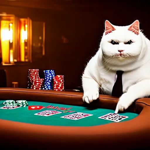 Prompt: fat mobster cat gambling at a poker table single light overhead smokey photo