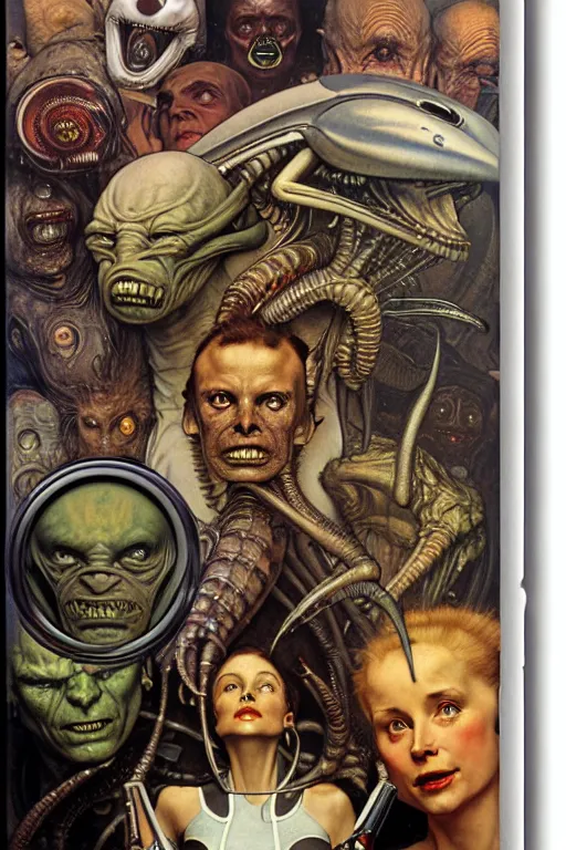 Image similar to hyper realistic aliens by norman rockwell, hr giger, john sargent, mucha