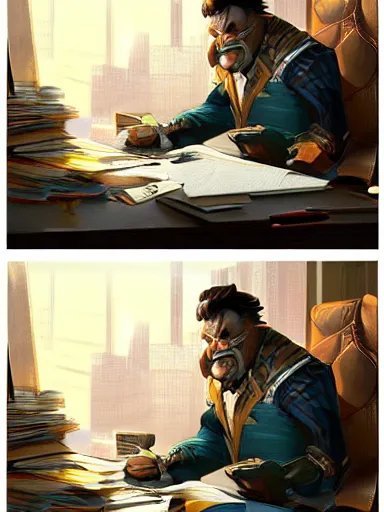 Prompt: salary man working at his desk, piles and more piles papers all over the place. intricate, elegant, highly detailed, digital painting, artstation, concept art, sharp focus, illustration, by justin gerard and artgerm, 8 k