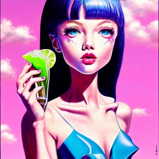 Image similar to a cute girl eating icecreen, long drinks by laura rigo, clouds, blue sky art by peter lloyd, 1 9 8 0's art, airbrush style, art by hajime sorayama,, intricate, elegant, sharp focus, illustration, highly detailed, concept art, matte, sharp focus, illustration, highly detailed, 6 4 0