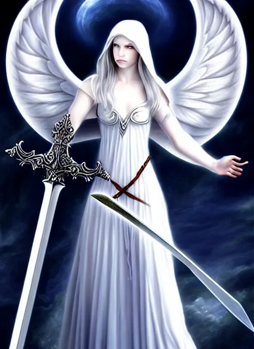 Prompt: a white angel holding a sword and a sword, digital art by artgem, Anne Stokes, deviantart, fantasy art, angelic photograph, wiccan, deviantart