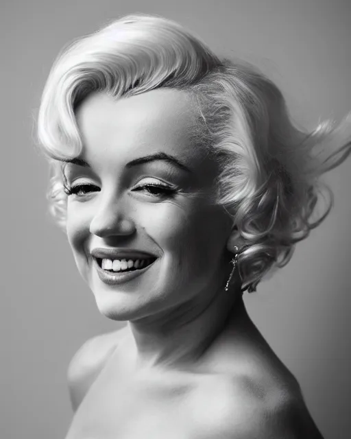 Prompt: Beautiful Head and shoulders portrait of smiling flirty seductive Marilyn monroe with platinum blonde hair, wearing a camisole by arney freytag, artstation, 35mm, fashion photoshoot, laying on a bed in a photo studio, golden hour, bokeh, rim lighting, fashion pose, octane, 4k