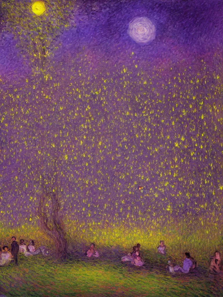 Prompt: gauzy twilight impressionist painting of fireflies in my backyard with an old apple tree in a purple cast with people! dancing in the moonlight, moon in right of sky, slightly urban, intense purplish color oil painting by claude monet and piet mondrian, cosmic trending on artstation 8 k