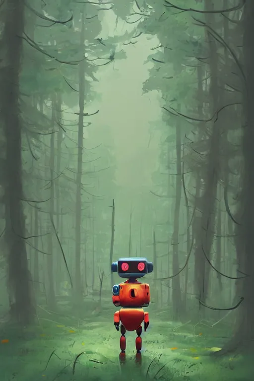 Image similar to Cute little robot lost in the forest art style by Simon Stålenhag, , trending on artstation, artstationHD, artstationHQ, 4k, 8k