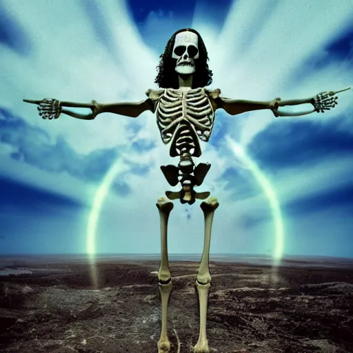 Image similar to Jesus Christ as skeleton inside an epicenter of a thermonuclear blast standing on the Earth sphere with radioactive rays to the sides, insane detail, photorealistic ultra high definition cinematic scene, sony a7r, 35mm