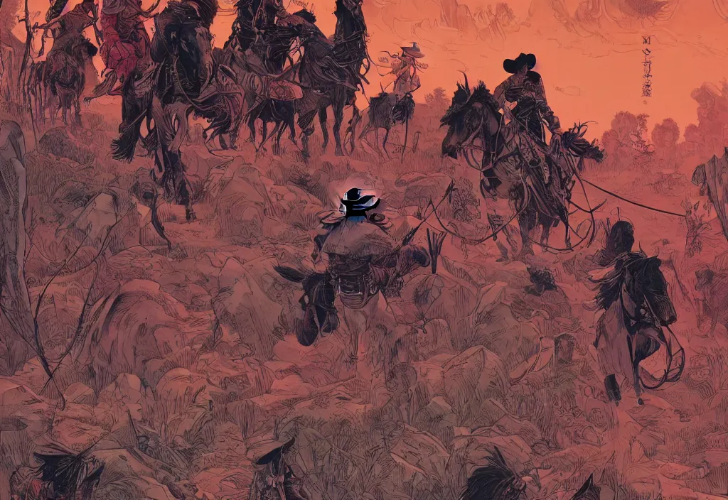 Prompt: Cowboys and Indians by Feng Zhu and Loish and Laurie Greasley, Victo Ngai, Andreas Rocha, John Harris