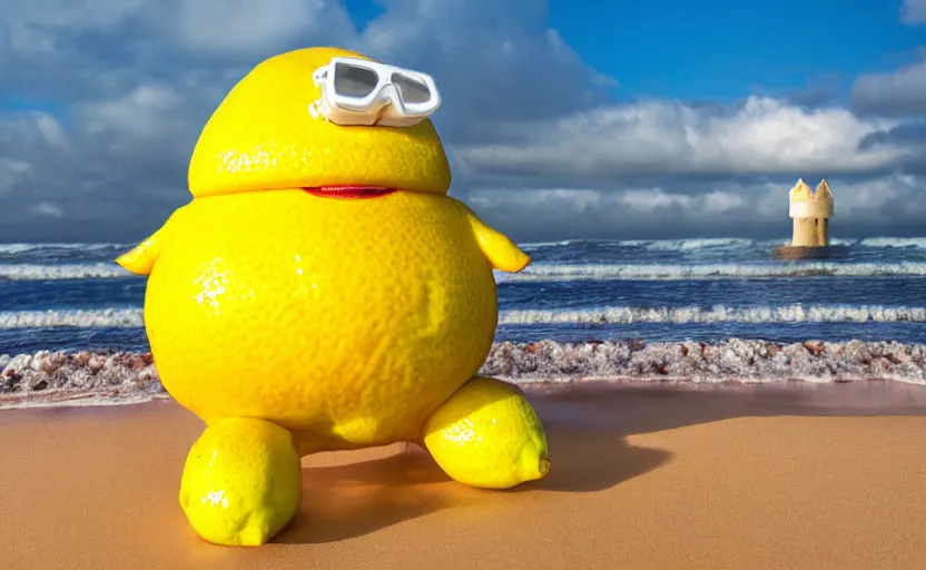 Image similar to 5 0 mm photograph, of a real anthropomorphic lemon character, fit body, with lemon skin texture, it is wearing a hat and scuba diving, building a sandcastle on the beach at sunset, beach, huge waves, sun, clouds, tropical trees, rim light, cinematic photography, professional, sand, sandcastle, volumetric lightening